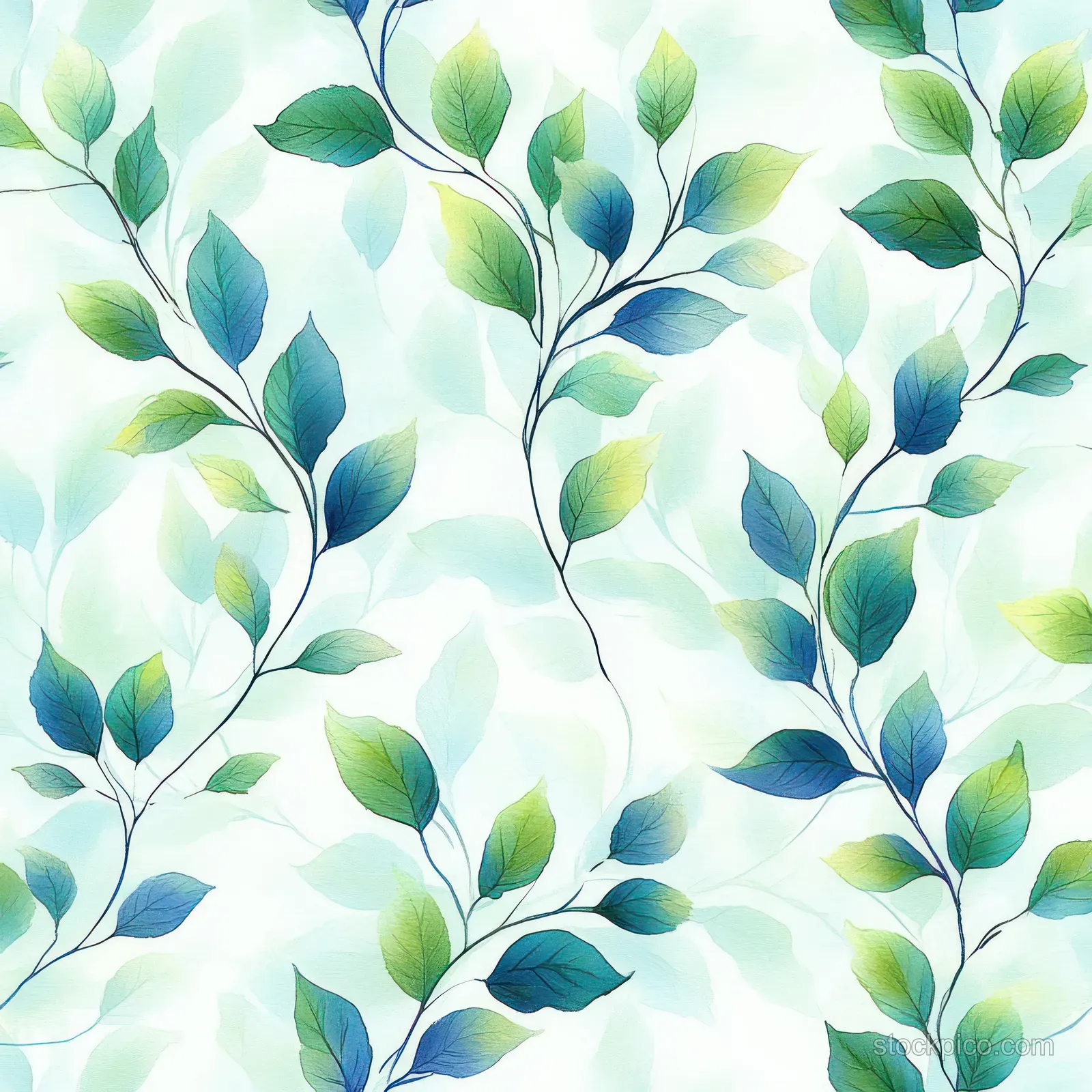 Seamless pattern of blue and green leaves on thin black twigs over a soft, light blurred background.