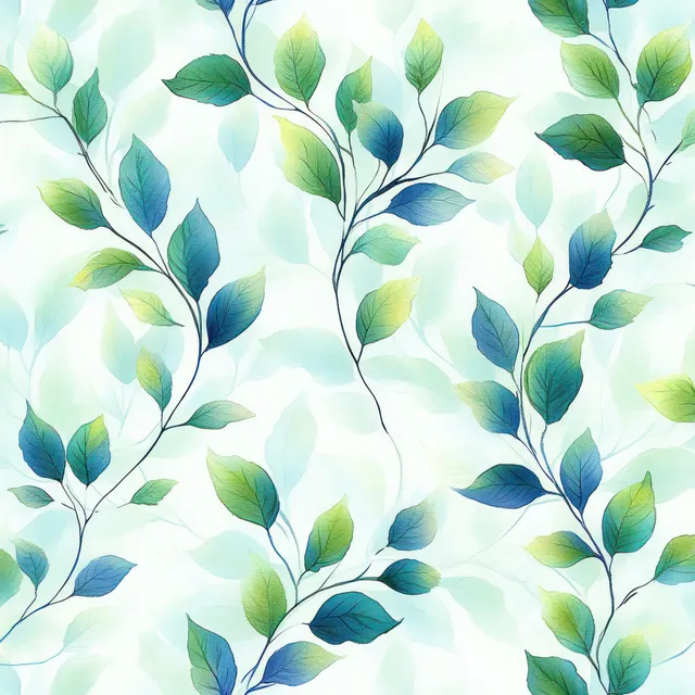 Seamless botanical pattern of blue and green leaves on black twigs over soft light background
