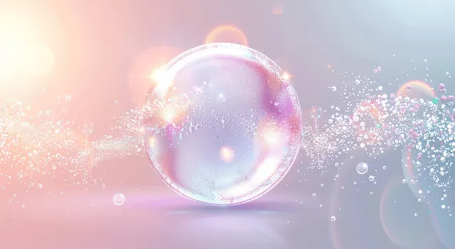 Glittering soap bubble floating on pastel light gradient background
