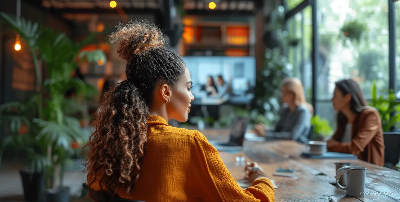 A diverse group discusses at a cafe table while a person focuses on a laptop in front of them.