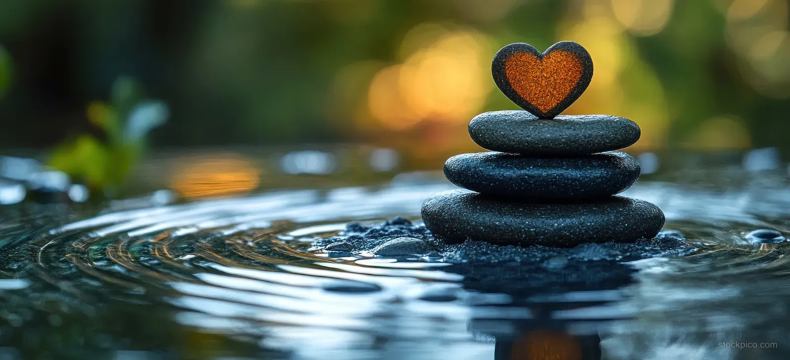 Heart-shaped stone resting on a stack of smooth rocks with rippling water reflections in a zen garden.
