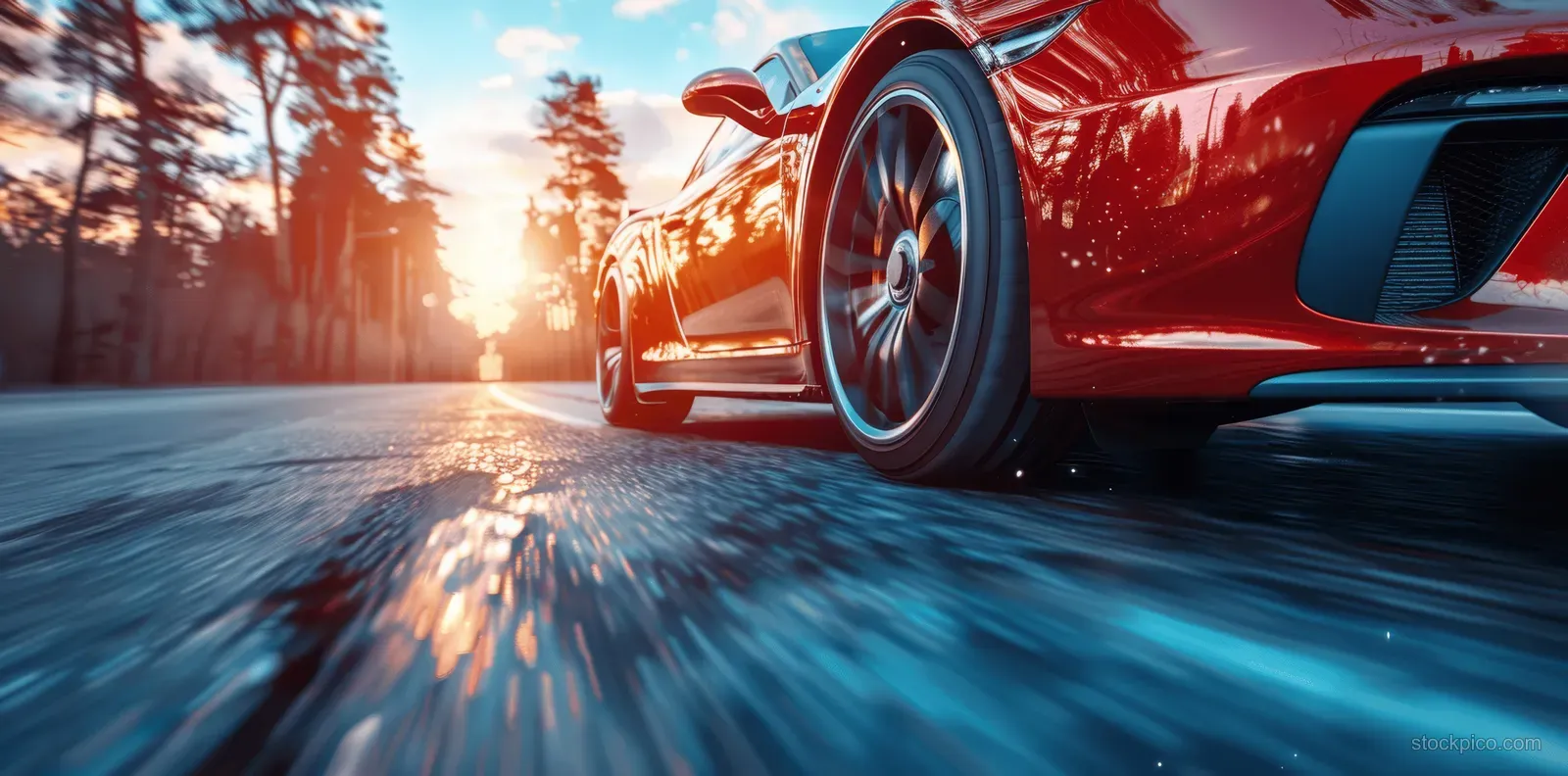 Red sports car moving fast on a sunny highway with spinning wheels and streaking motion blur.