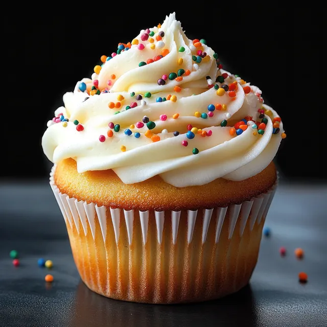 Vanilla Cupcake Close-Up with White Cream Frosting and Colorful Sprinkles