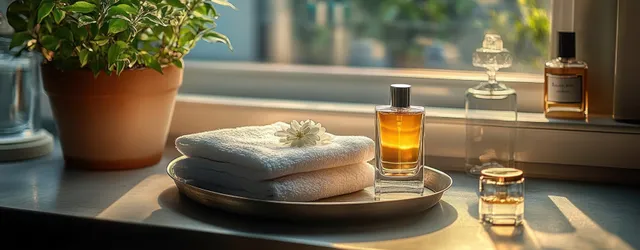 Sunlit bathroom still life with folded white towels, amber bottles, and window greenery