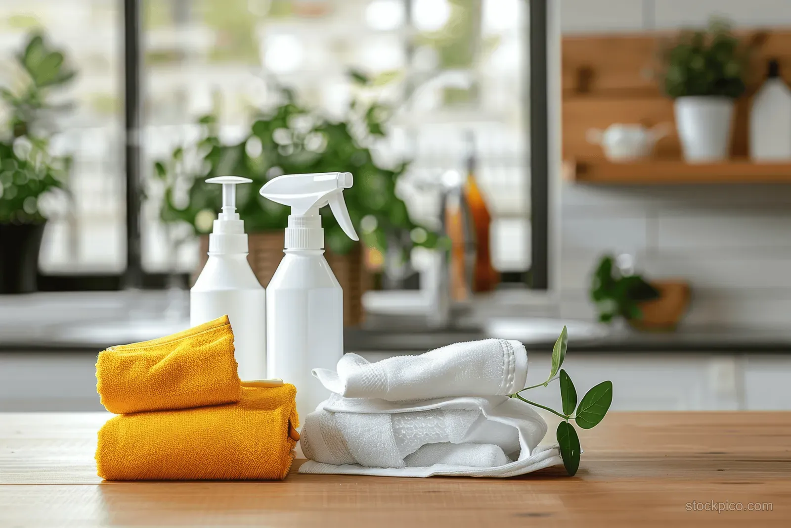 White and yellow spray bottles and folded microfiber cloths sit on a wooden table in a bright kitchen.