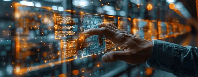 Businessman’s hand points at holographic document icons on a virtual screen in office