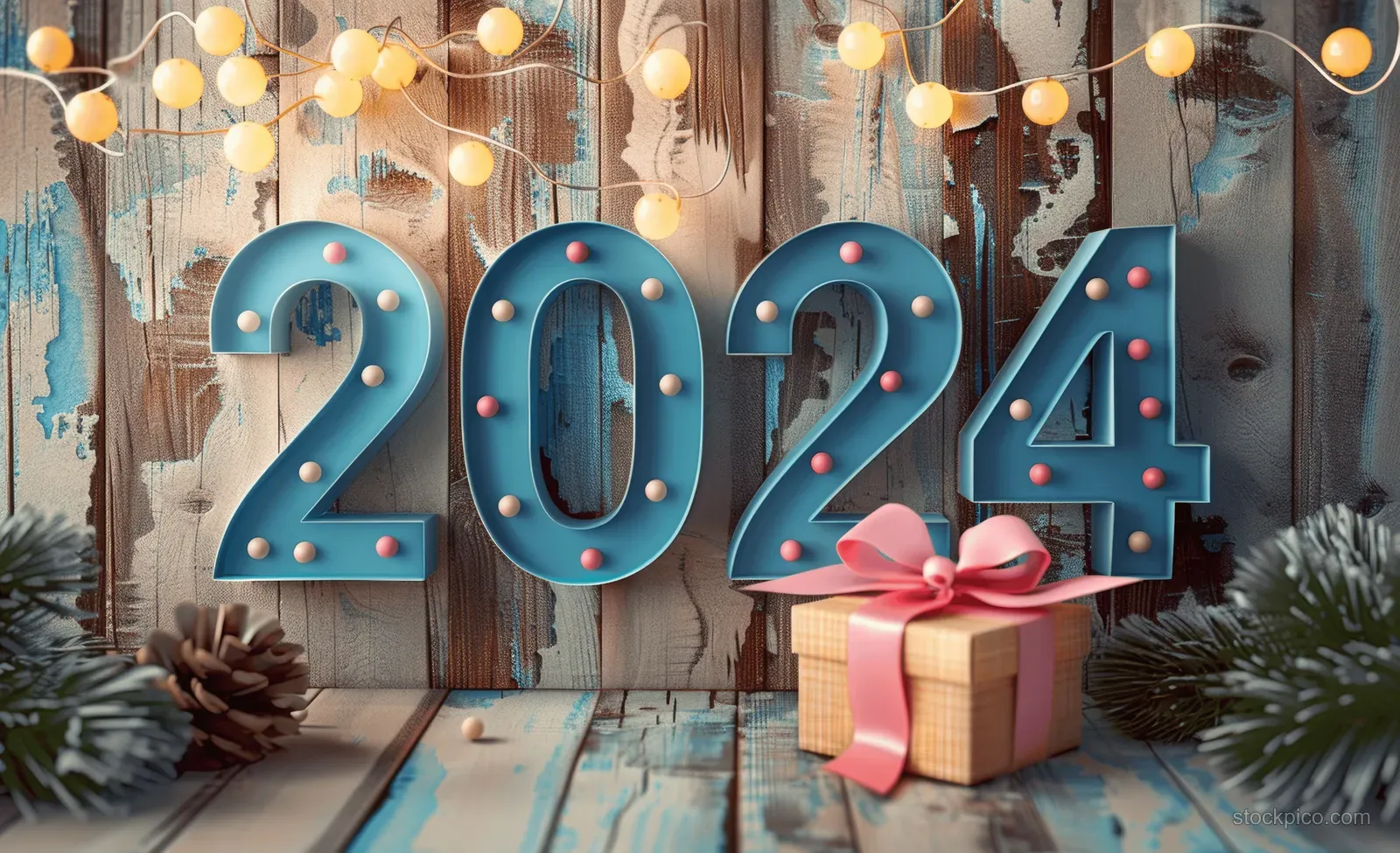 3D blue 2024 number on rustic wooden wall with open gift box, pink ribbon, and warm string lights.
