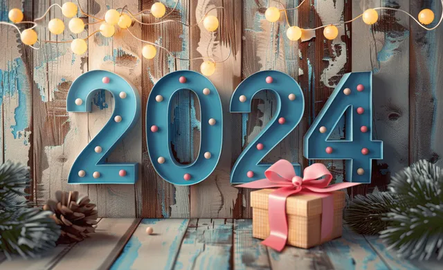 3D blue 2024 number on rustic wooden wall with open gift box, pink ribbon, and warm string lights.