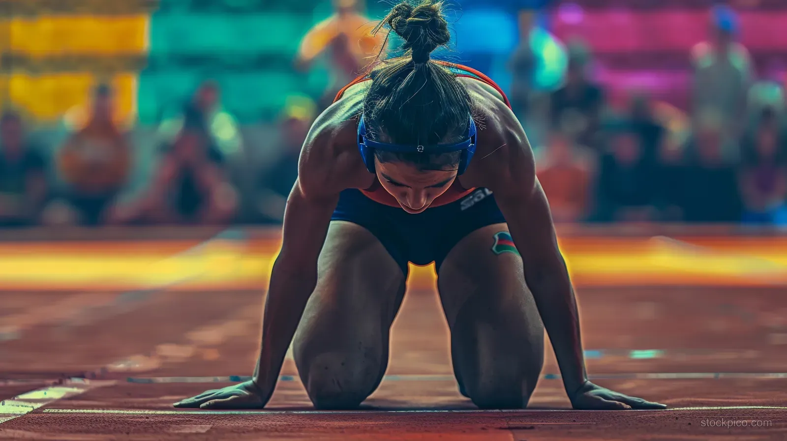 A Greek female freestyle wrestler drops low to grapple on a mat during an intense 62 kg match.