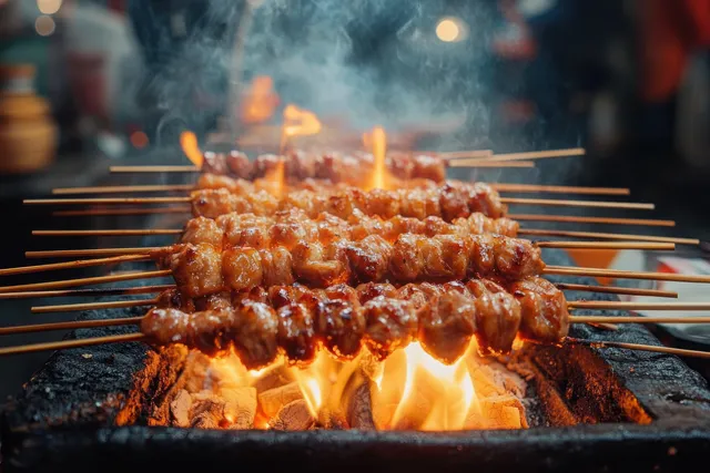Chicken satay skewers grilling over charcoal with open flames and smoky steam in a street food setting.