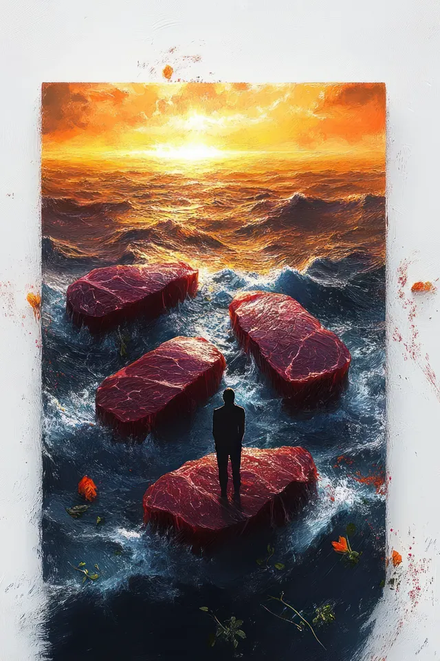 A lone silhouette stands on red meat chunks floating in churning ocean beneath an orange sunset sky.