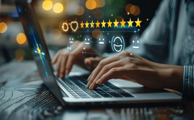 Hands typing on a laptop while a star rating feedback interface glows above the screen.