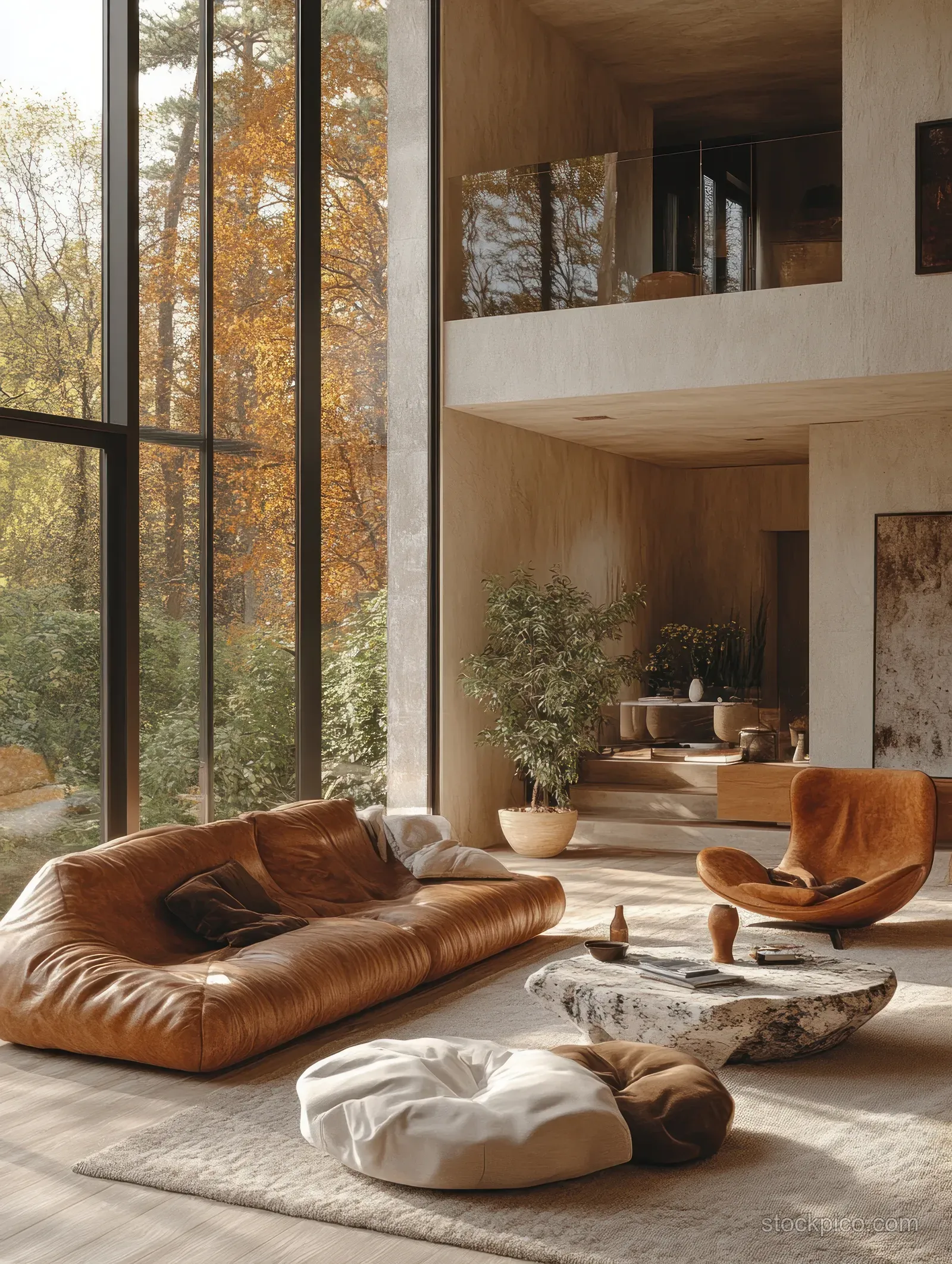 Leather sofa and orange armchair in a minimalist living room with large windows and warm natural light.