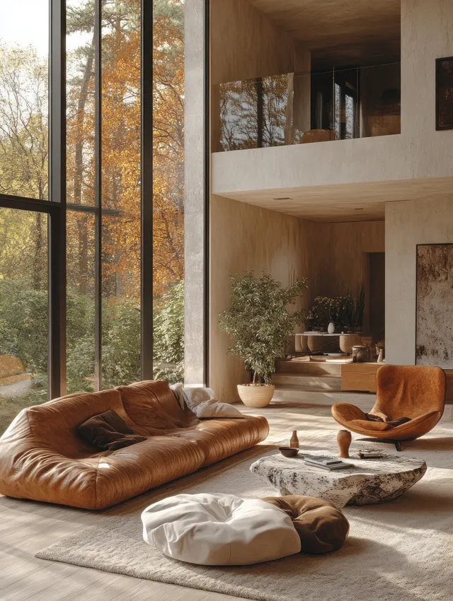 Leather sofa and orange armchair in a minimalist living room with large windows and warm natural light.