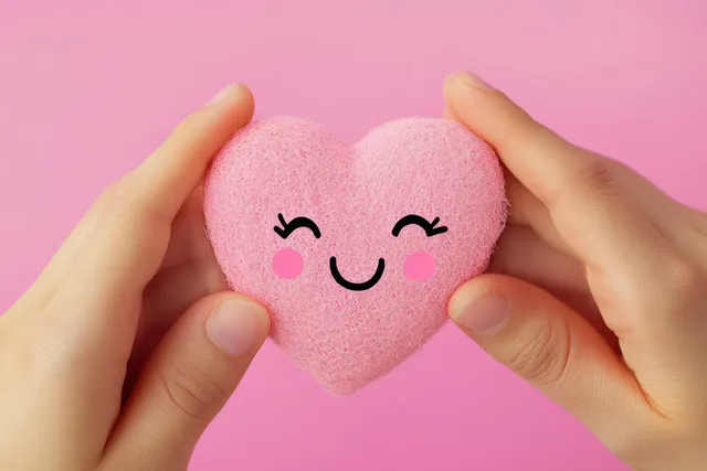 Two hands hold a pink heart sponge with a smiling face on a solid pink background.
