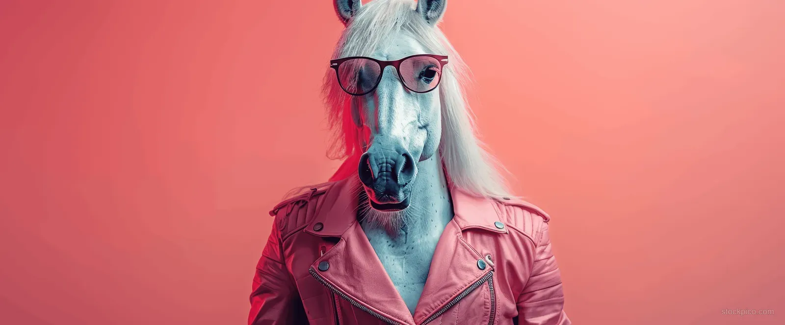 Anthropomorphic horse wearing a pink leather jacket and sunglasses posed against a pastel gradient background.