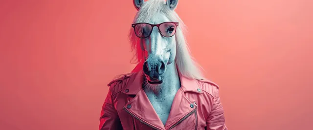 Anthropomorphic horse wearing a pink leather jacket and sunglasses posed against a pastel gradient background.