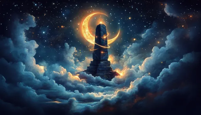 Glowing Shiva lingam rises from moonlit clouds with a golden trident and crescent halo in the sky.