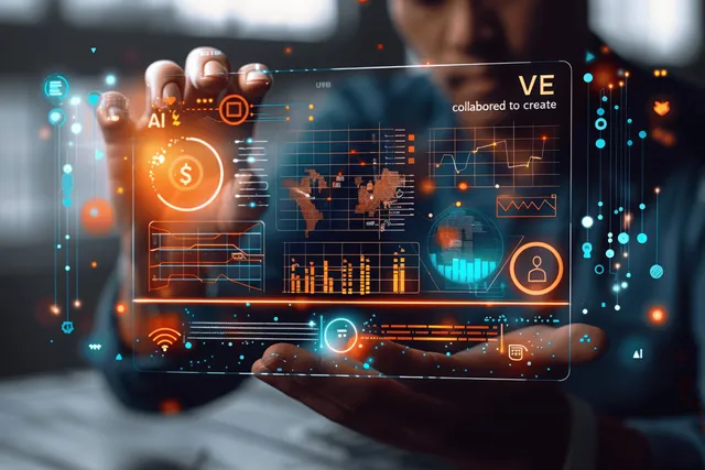 AI data scientist reviewing cosmetic marketing dashboard with KPI charts and glowing analytics