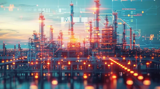 Futuristic oil and gas refinery at dusk, with holographic data overlays and automation lights