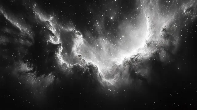 A swirling monochrome nebula glows against a star-filled dark space background.
