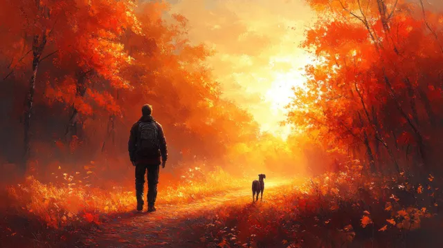 A hiker with a backpack and a dog walk along a serene autumn mountain trail bathed in warm sunset light.