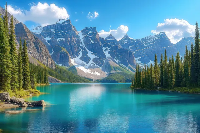 Turquoise alpine lake reflects evergreen trees and snow-capped mountains under a bright blue sky with soft clouds.