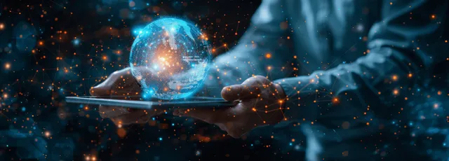 Businessman hand controls glowing AI hologram over futuristic financial network