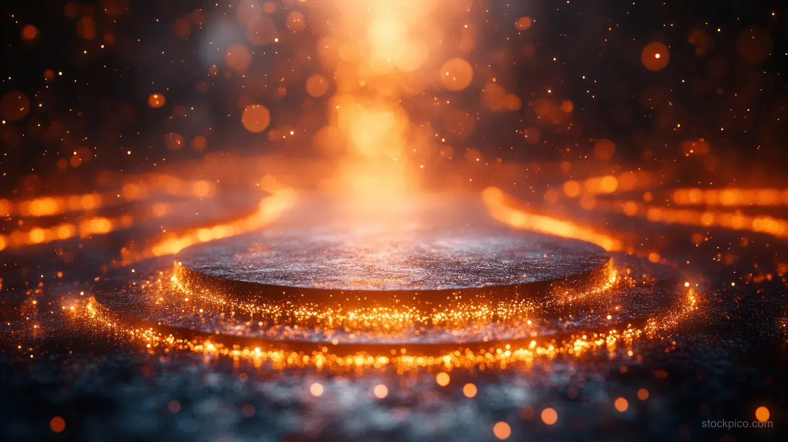 Golden podium stage illuminated by a spotlight with falling confetti and warm bokeh in a dark night scene.