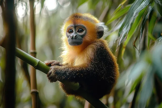 Small golden monkey gripping a bamboo branch in a lush green forest