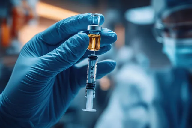 A gloved hand holds a vaccine vial and syringe while a blurred lab background looks on.