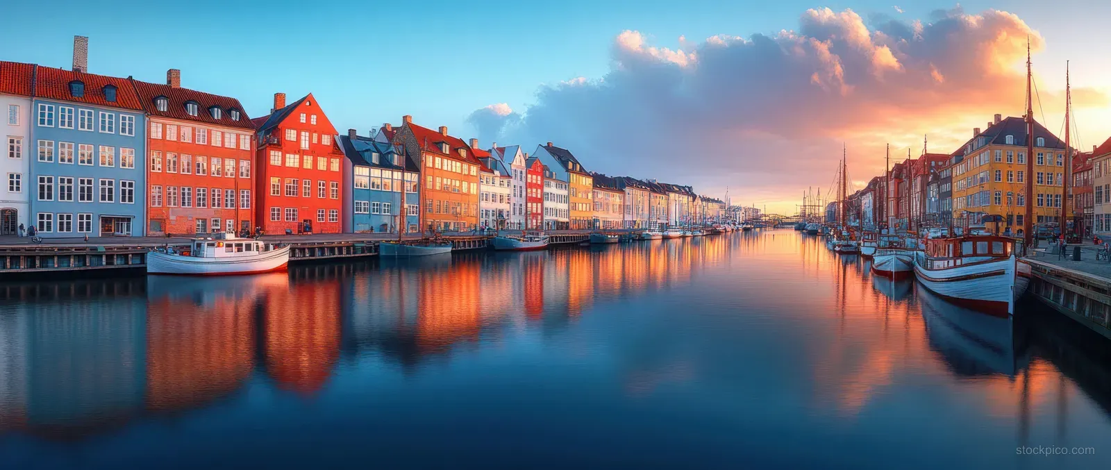 Colorful historic canal buildings and docked boats reflect on calm water under a bright sunset sky.