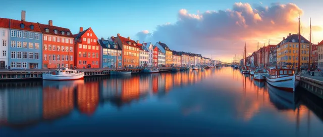 Colorful historic houses line a calm canal as boats dock beneath a glowing sunset