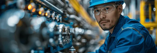 Asian engineer in blue hard hat monitoring injection molding control panel in factory