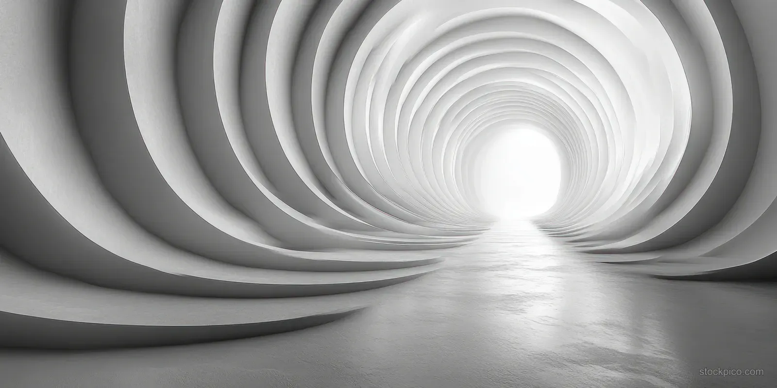 Concentric white ring shapes form a perspective tunnel toward a bright central opening on a gray floor.
