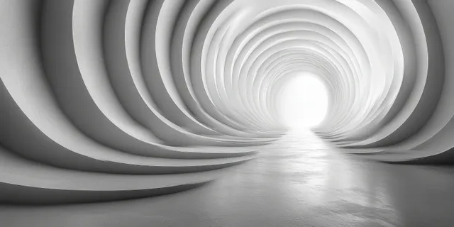 Concentric white rings lead to a bright tunnel opening on a gray floor