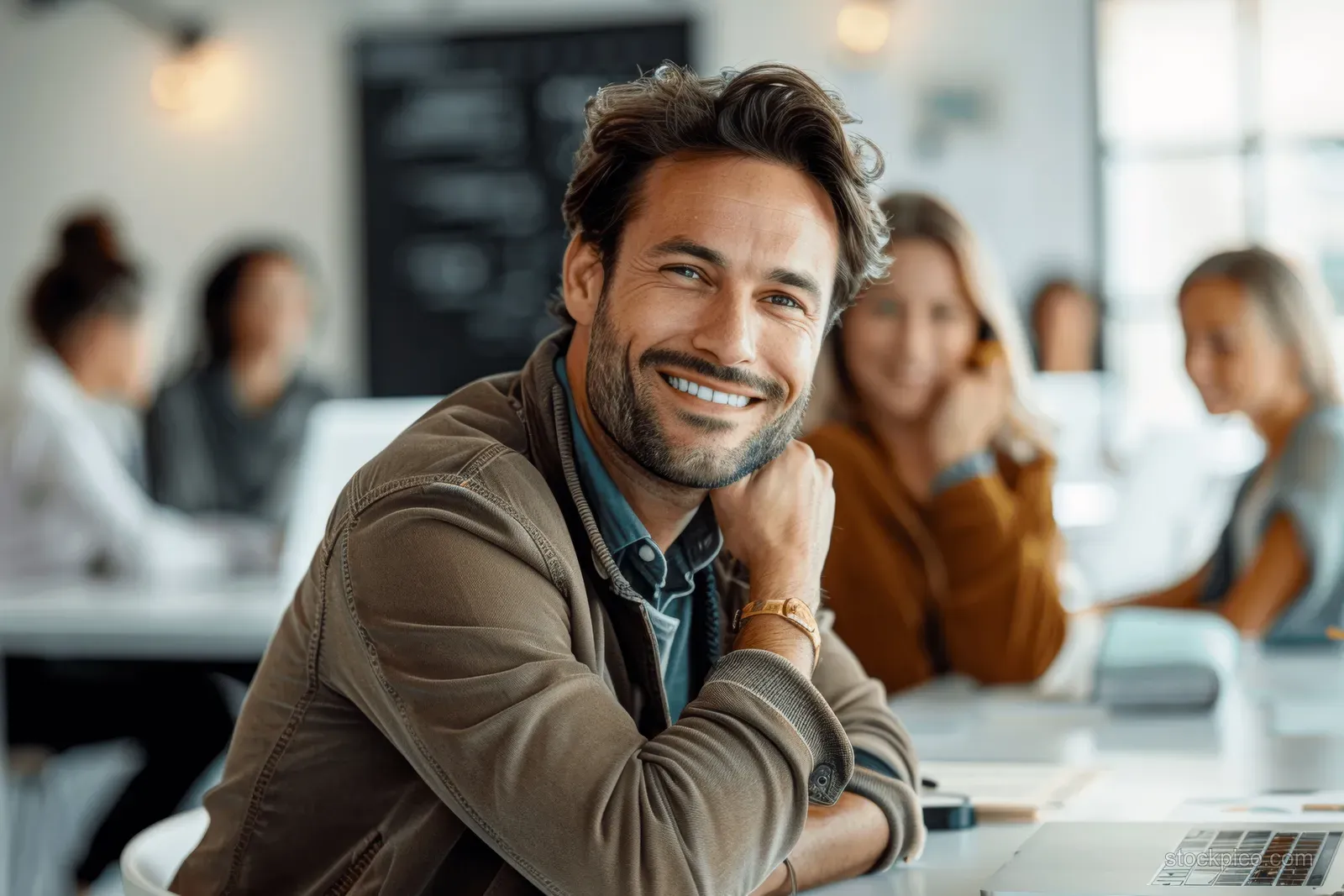 Smiling businessman at a laptop in an office meeting room with teammates blurred behind him.