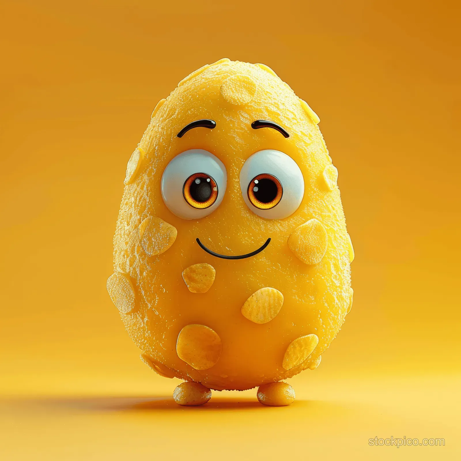 A smiling 3D cartoon potato chip mascot with big eyes stands on a bright yellow background.