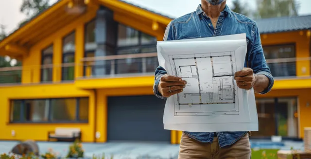 Construction manager holds architectural blueprints outdoors in front of a yellow house with garage behind.