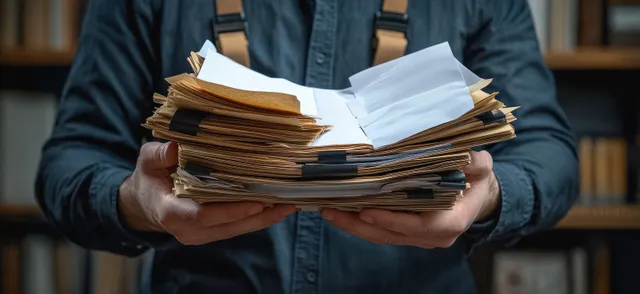 A person holds a thick stack of paper folders and documents with black fasteners in a dim archive room.