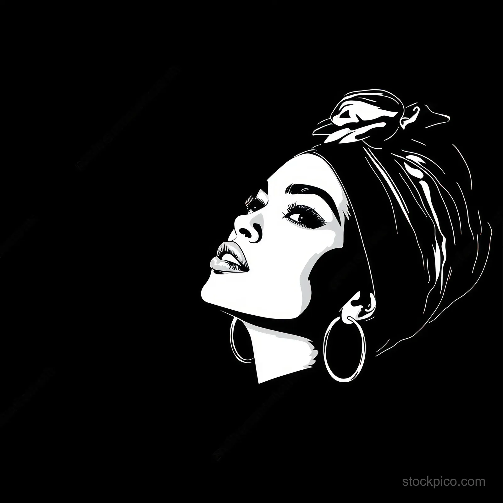 Minimalist black-and-white profile illustration of a young African woman with headwrap and hoop earrings against black.