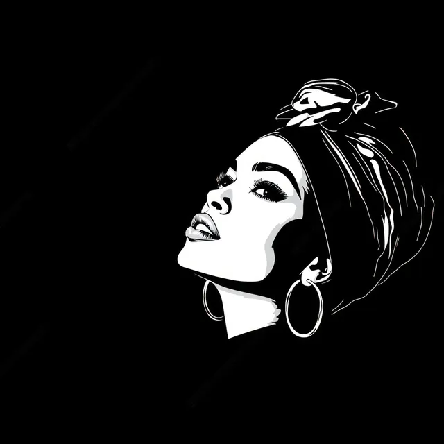 Minimalist black-and-white profile illustration of a young African woman with headwrap and hoop earrings against black.