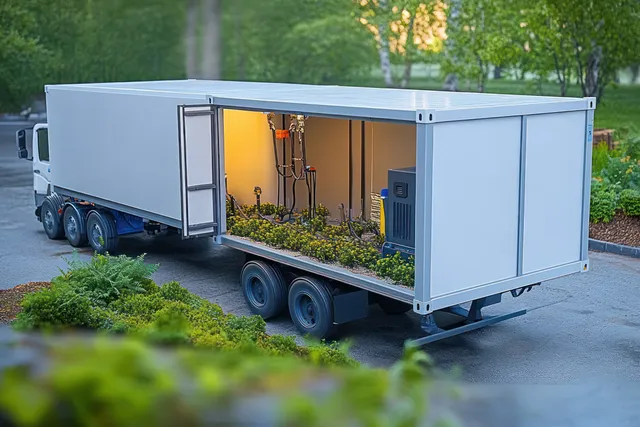 Concrete prefabricated garage section loaded on a flatbed trailer near greenery at a delivery site.