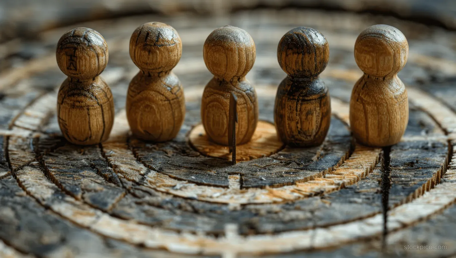 Wooden figurines placed on a dartboard ring with an arrow aimed toward the bullseye target.
