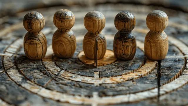 Wooden goal figures on a dartboard ring with an arrow pointing toward the target