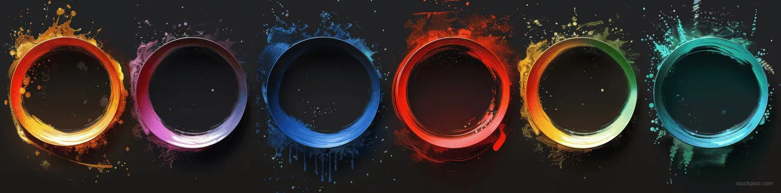 Multicolored neon ring frames glow on a dark transparent background with soft holographic highlights.