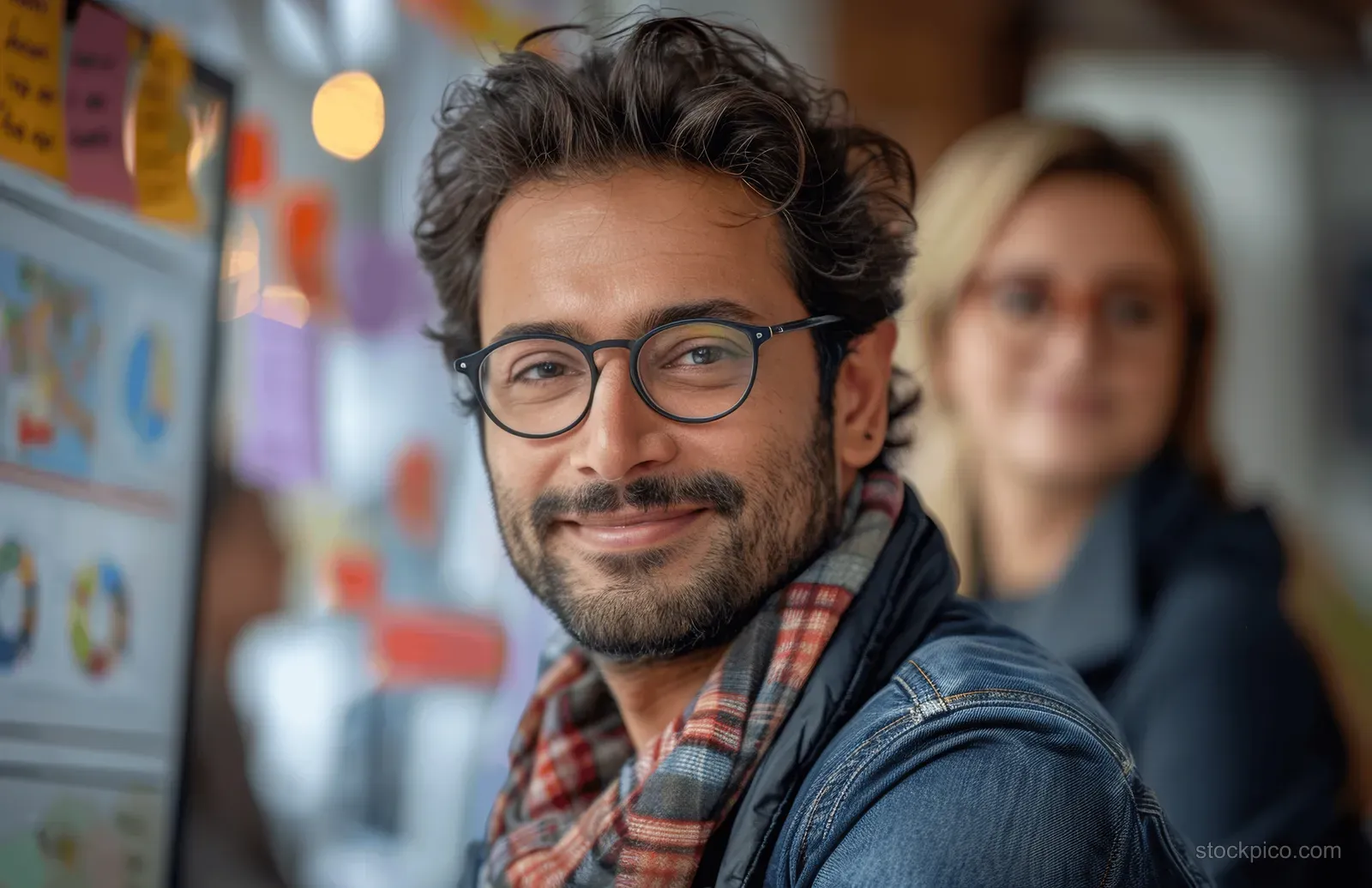 Smiling man in office with glasses looks at camera while coworkers talk in the background.