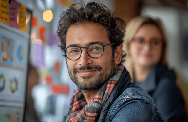 Smiling coworker in office turns toward camera while colleagues discuss project behind him