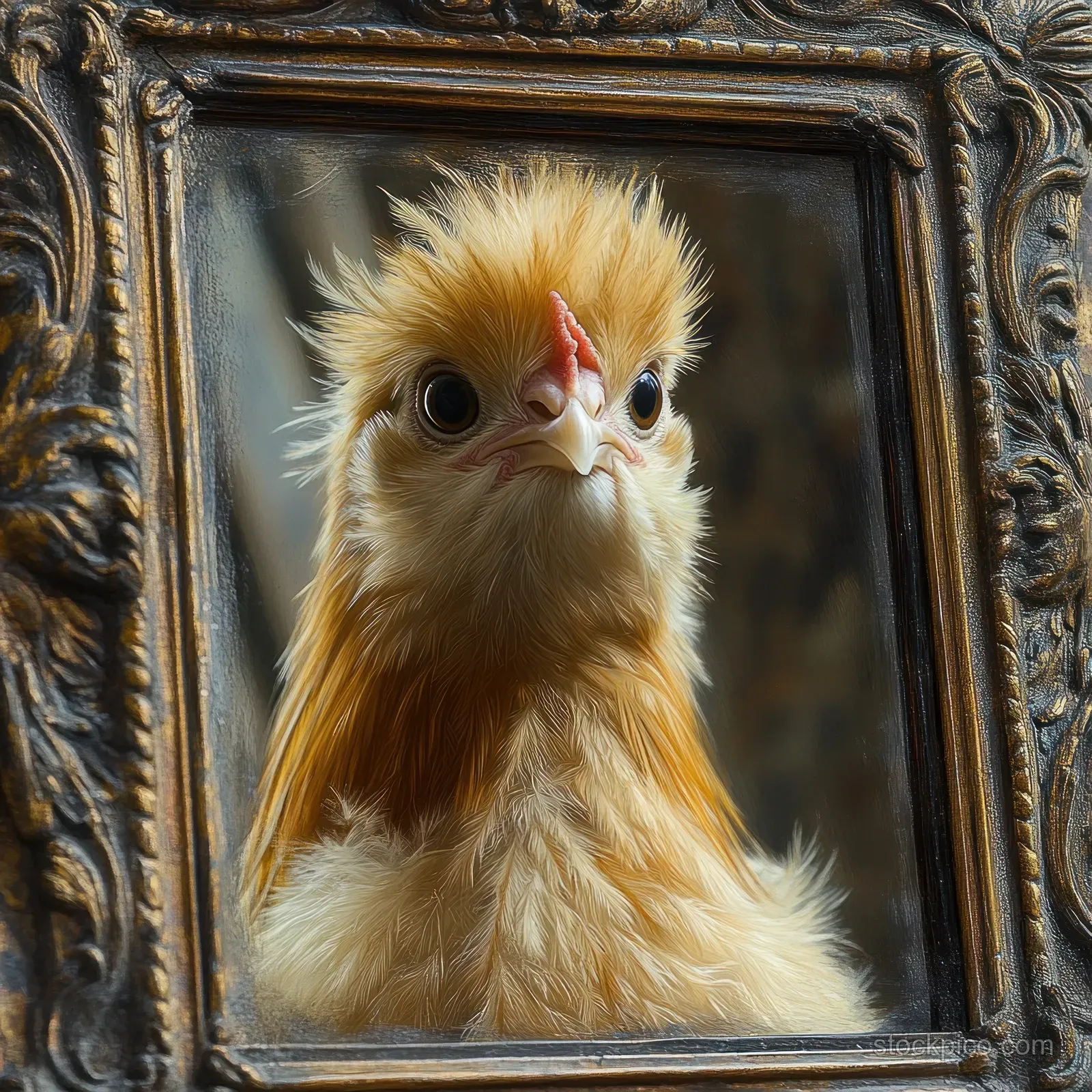 Fluffy yellow chick with a curious face inside an ornate vintage wooden frame.