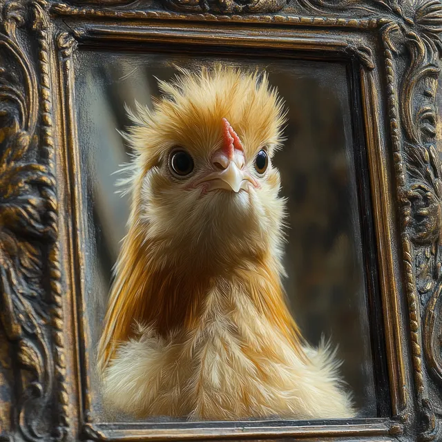 Fluffy yellow chick with a curious face inside an ornate vintage wooden frame.